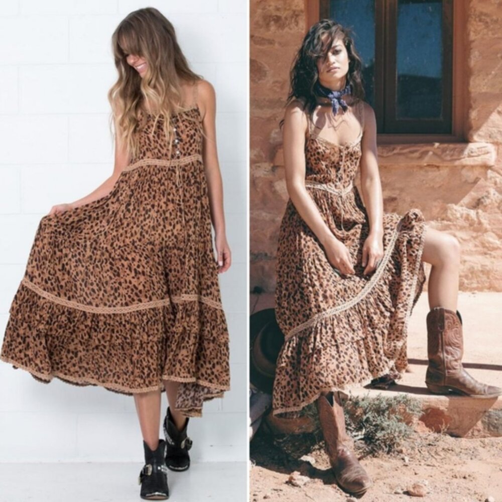 Spell Saphari Sundress Prairie Dress in Leopard Print - XS